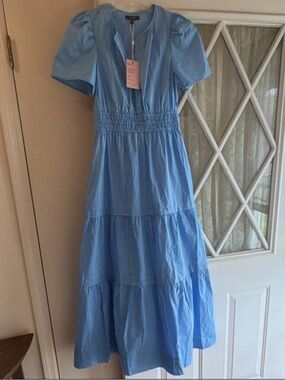 Quince Light Blue Tiered Maxi Dress with Puff Sleeves